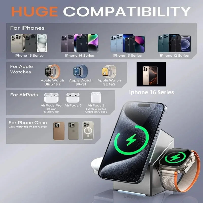 Revolutionary 15W 3-in-1 Touch Auto-Rotating MagSafe Wireless Charger - Ultimate Fast Charging Dock for iPhone, Android, Apple Watch & AirPods