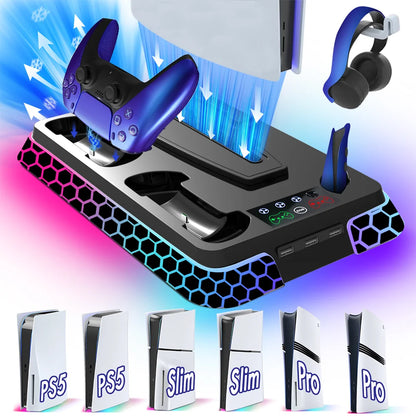Ultimate Cooling Station for PS5/PS5 Slim/PS5 Pro - YH66S Stand with RGB Lighting, Game Organizer & Controller Charging Dock