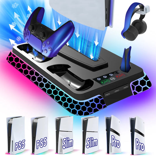 Ultimate Cooling Station for PS5/PS5 Slim/PS5 Pro - YH66S Stand with RGB Lighting, Game Organizer & Controller Charging Dock
