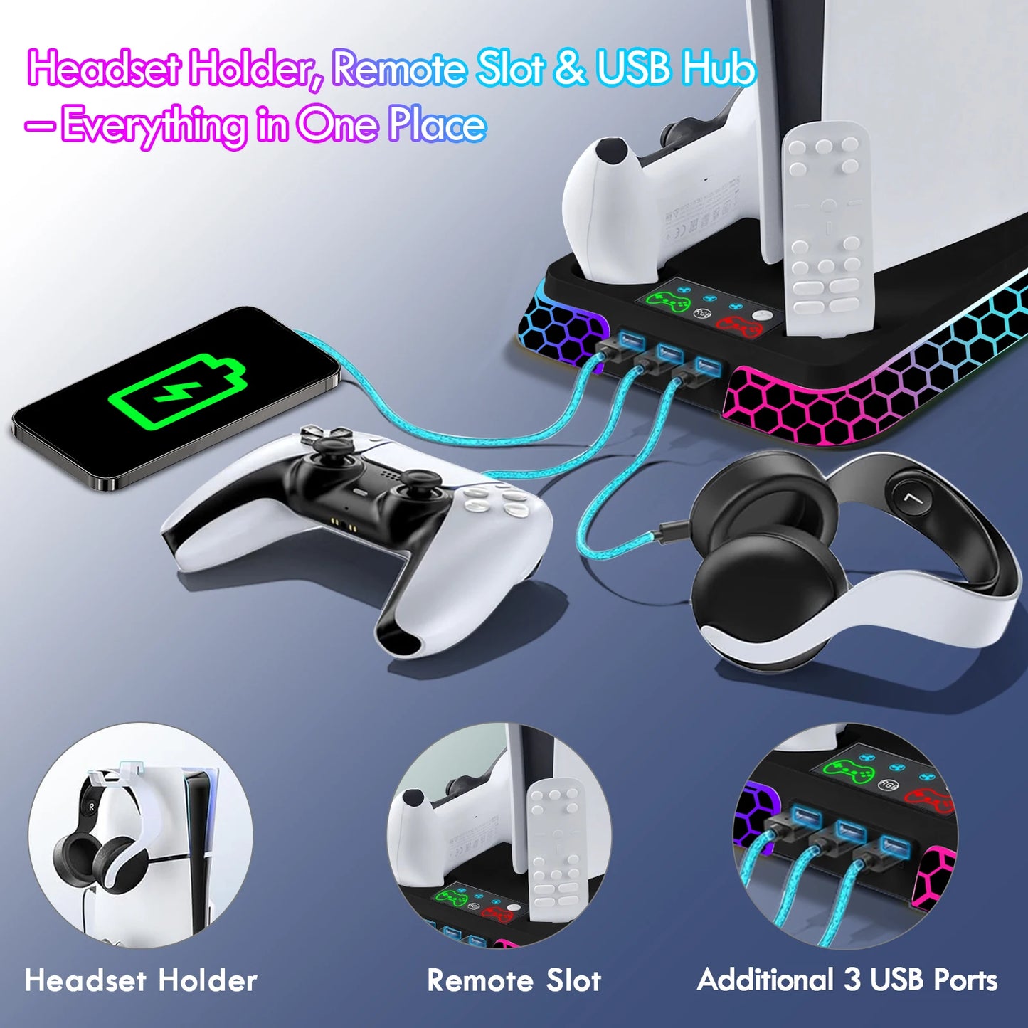 Ultimate Cooling Station for PS5/PS5 Slim/PS5 Pro - YH66S Stand with RGB Lighting, Game Organizer & Controller Charging Dock