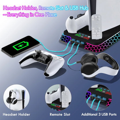 Ultimate Cooling Station for PS5/PS5 Slim/PS5 Pro - YH66S Stand with RGB Lighting, Game Organizer & Controller Charging Dock