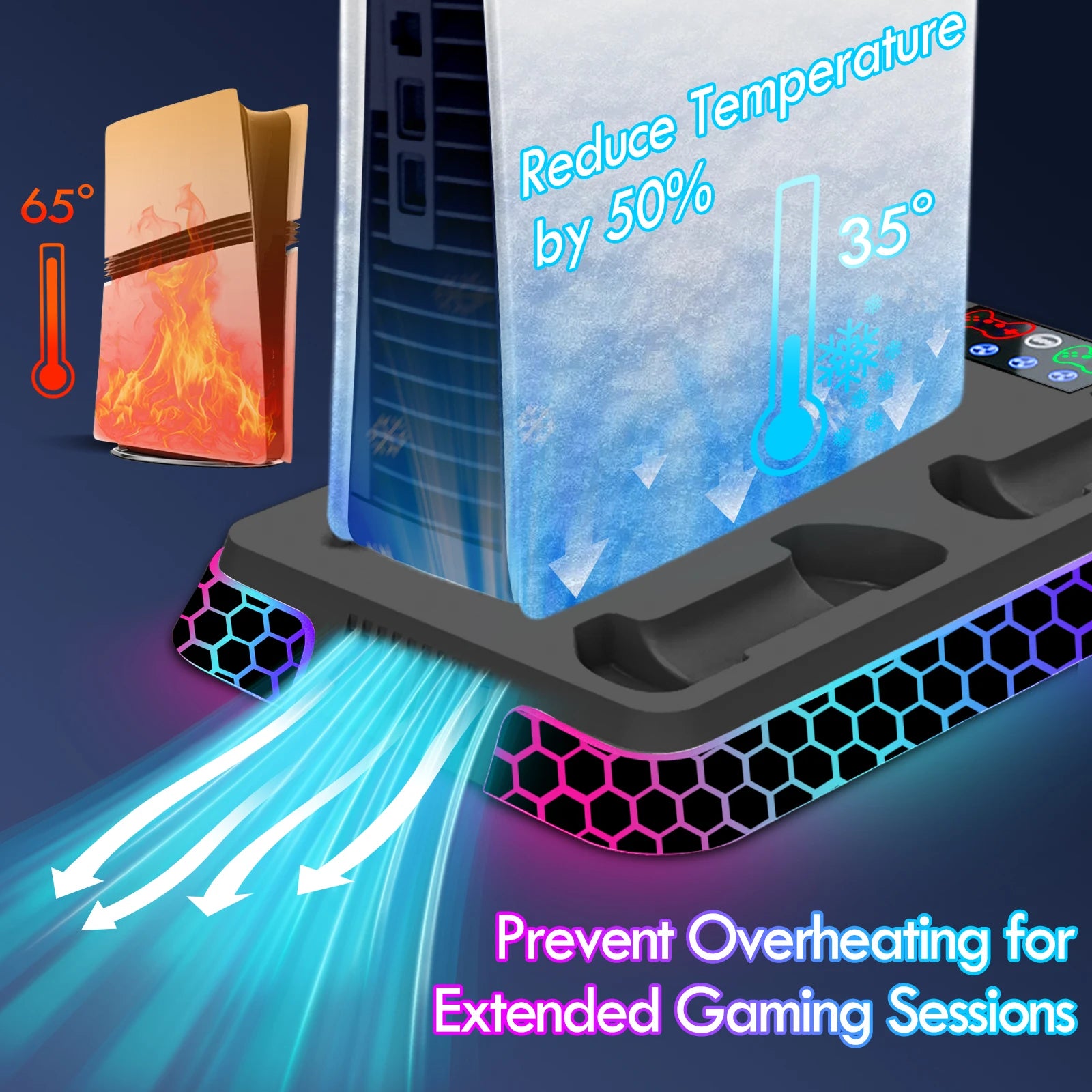 Ultimate Cooling Station for PS5/PS5 Slim/PS5 Pro - YH66S Stand with RGB Lighting, Game Organizer & Controller Charging Dock