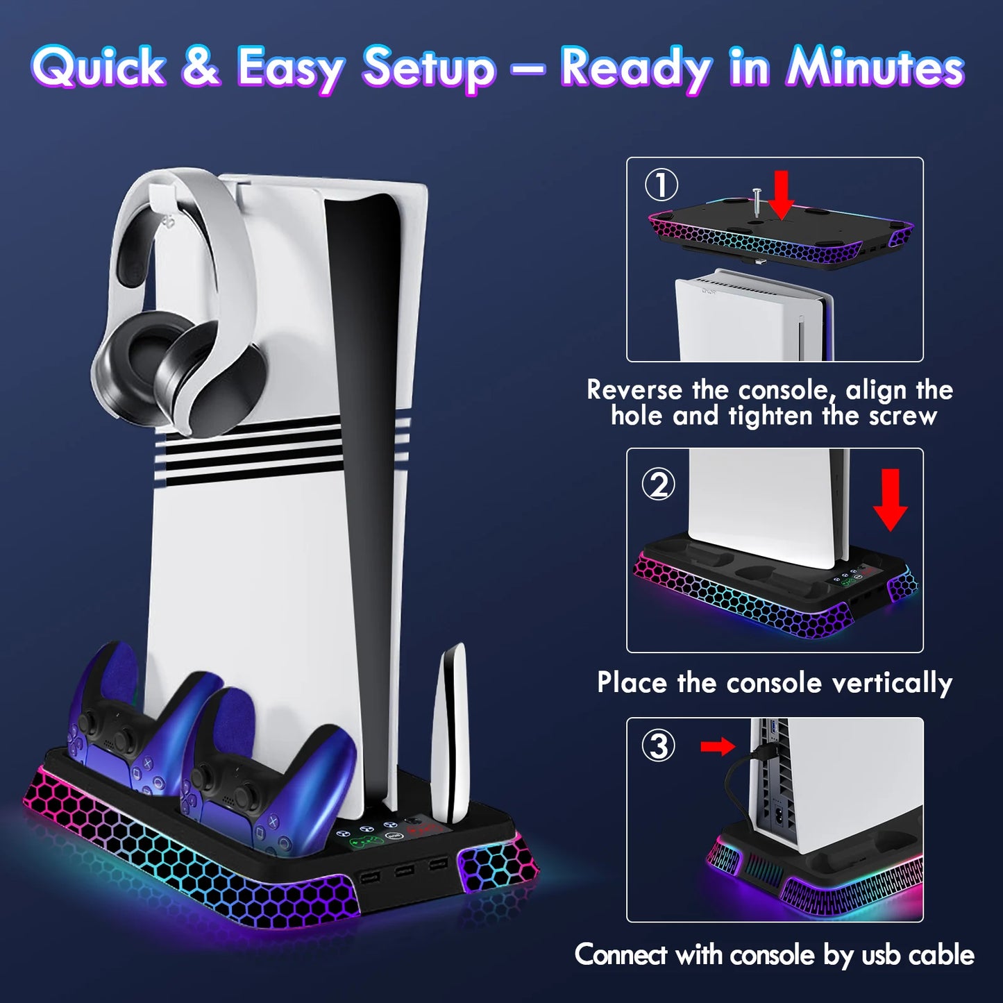 Ultimate Cooling Station for PS5/PS5 Slim/PS5 Pro - YH66S Stand with RGB Lighting, Game Organizer & Controller Charging Dock