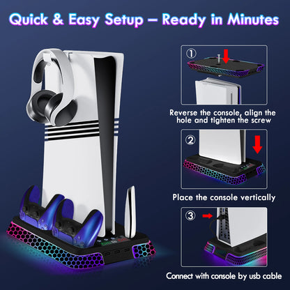 Ultimate Cooling Station for PS5/PS5 Slim/PS5 Pro - YH66S Stand with RGB Lighting, Game Organizer & Controller Charging Dock