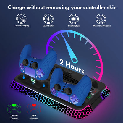 Ultimate Cooling Station for PS5/PS5 Slim/PS5 Pro - YH66S Stand with RGB Lighting, Game Organizer & Controller Charging Dock
